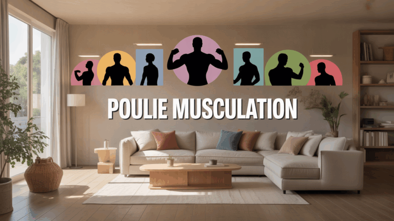 Poulie musculation compacte dans salon moderne, exercices variés
