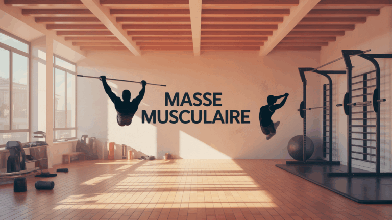 visuel prise de masse musculaire en salle avec haltères et silhouettes