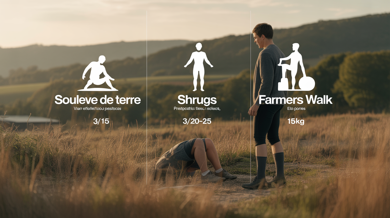 Tableau stylise exercices clés souleve de terre shrugs farmers walk