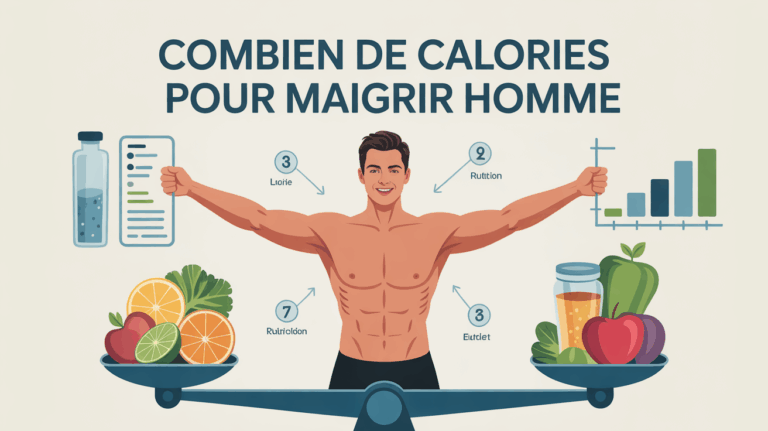 Vue d'un homme debout sur balance avec chiffres calories et nutrition