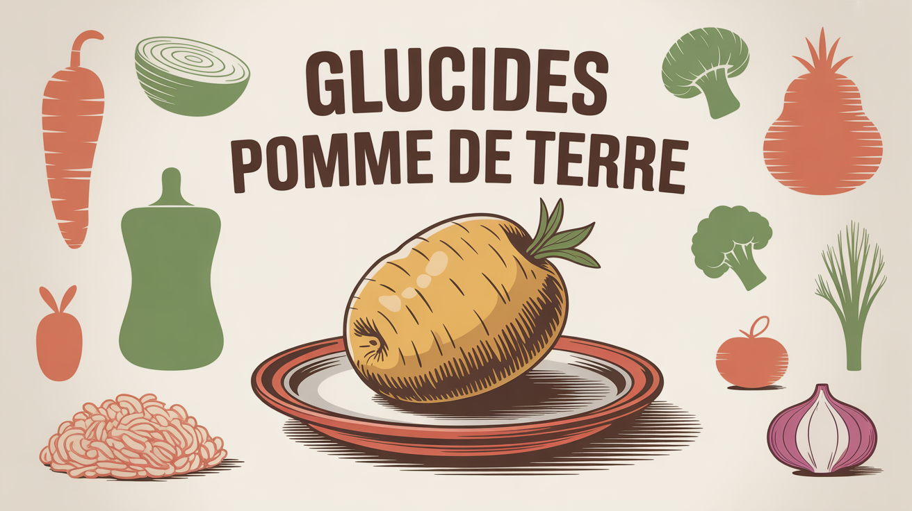 Grande illustration d'une pomme de terre sur assiette avec pates riz glucides