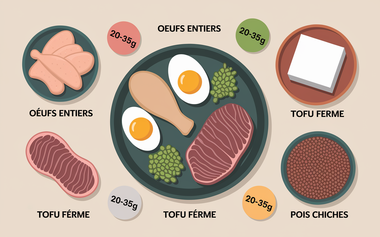 assiette aliments proteines musculation poulet oeufs poisson tofu