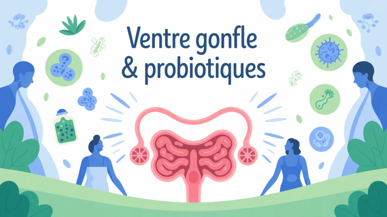 illustration ventre gonfle probiotiques fond bleu blanc vert