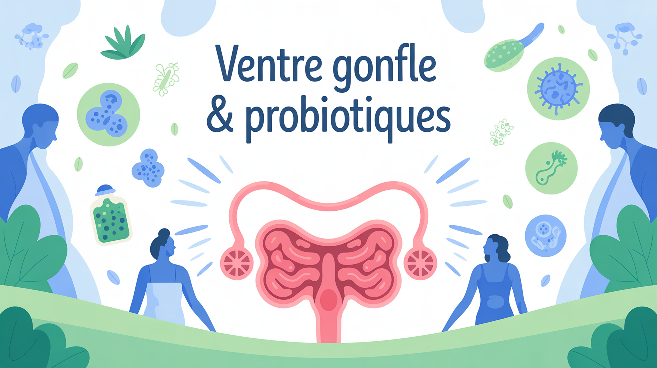 illustration ventre gonfle probiotiques fond bleu blanc vert