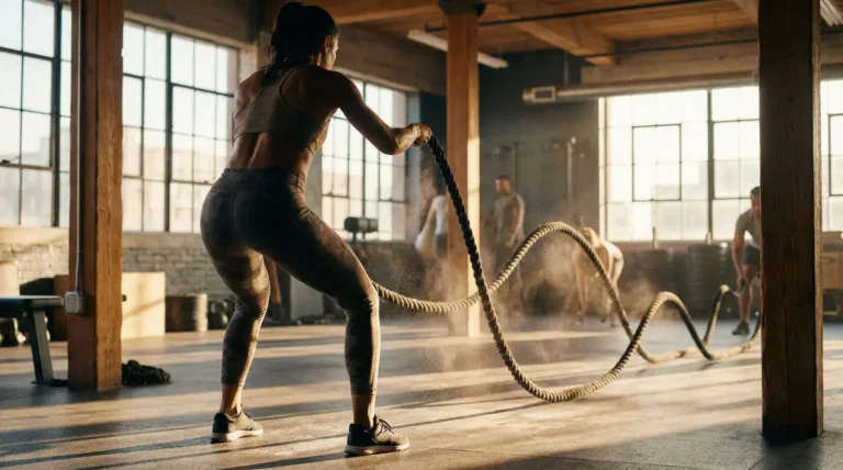 femme de dos utilisant une battle rope salle de sport
