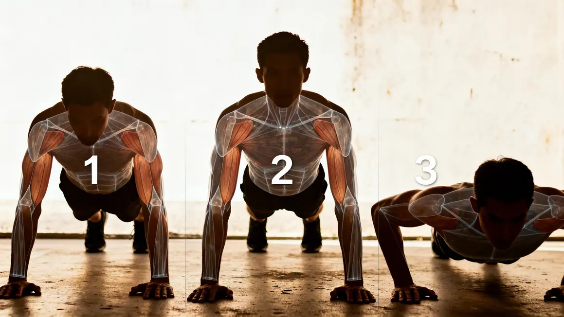Schéma trois variantes pompes, focus triceps pectoraux core
