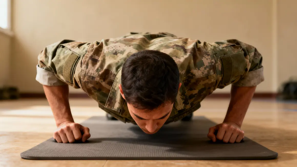 Vue de dos pompe militaire coudes serrés sur tapis, posture parfaite