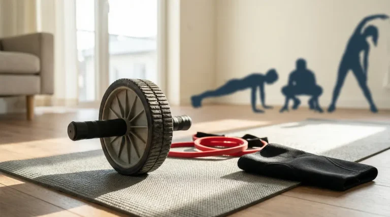 Roue abdominale sur tapis de sport avec accessoires en home gym