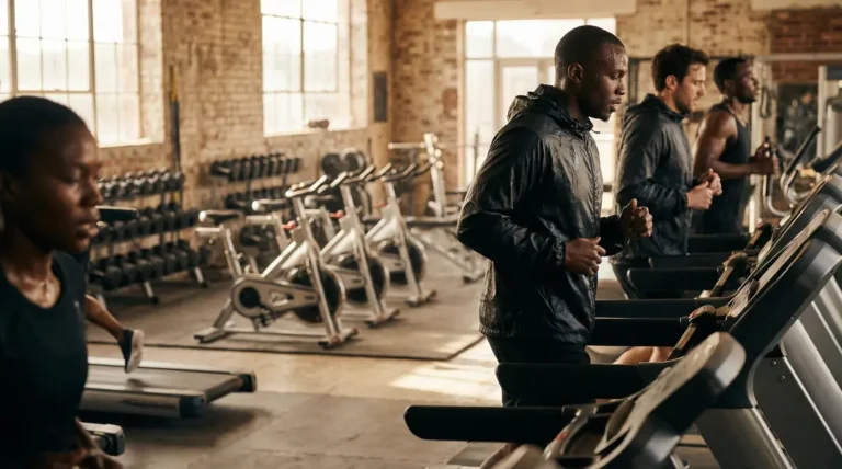 Groupe en vetement de sudation noir séance cardio salle de sport