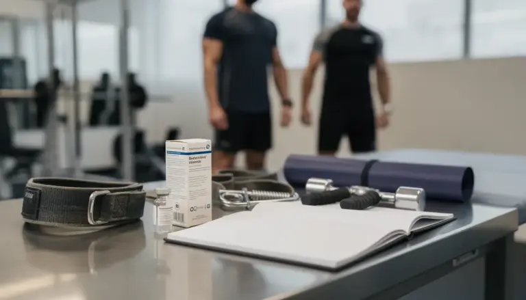 Boite Deca Durabolin sur table, musculation, carnet, ambiance sérieuse