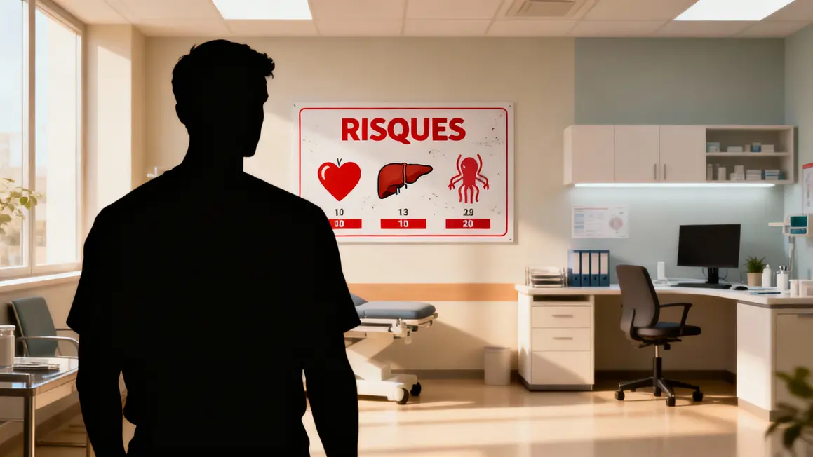 Silhouette homme Deca Durabolin devant affiches risques santé