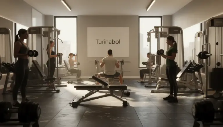 Salle de musculation avec haltères et affiche Turinabol