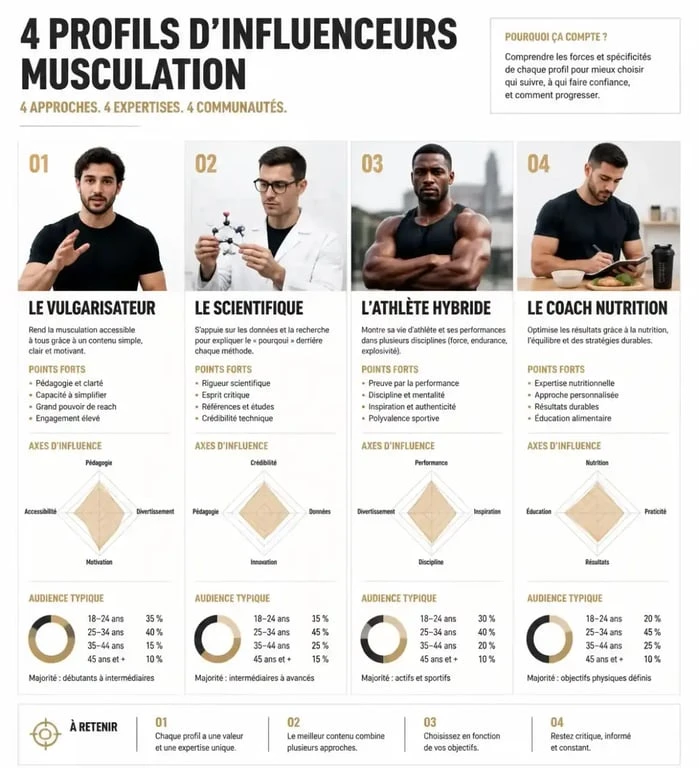 Infographie des différents profils d'influenceur muscu : vulgarisateur, scientifique, athlète hybride et coach nutrition.