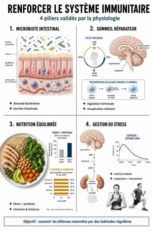 Infographie sur le renforcement du système immunitaire et les piliers de la santé