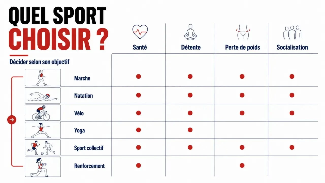 Quel sport pratiquer : illustration éditoriale des principaux sports selon l’objectif, l’énergie et le niveau