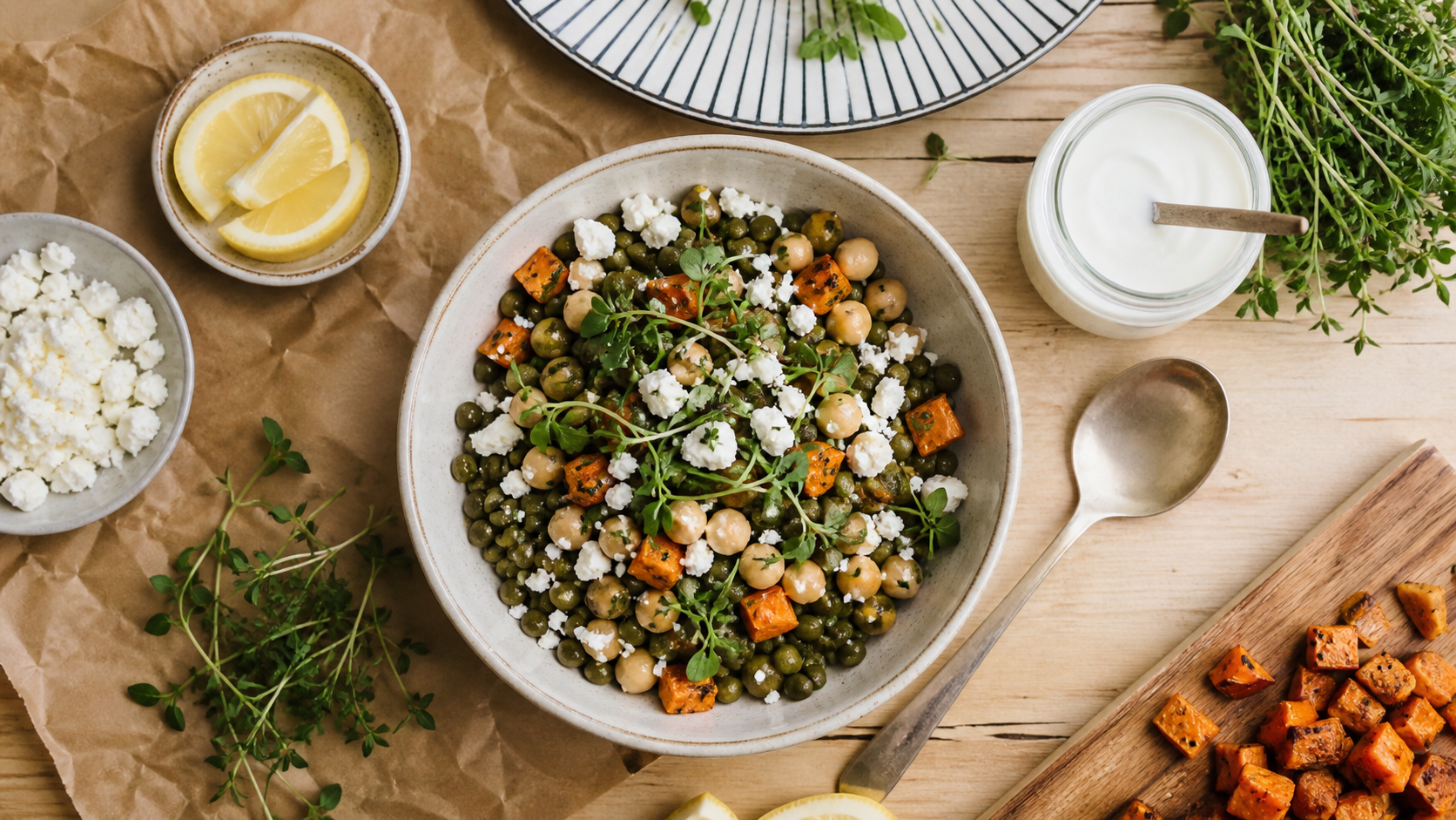 Nourriture healthy : bol équilibré lentilles et pois chiches