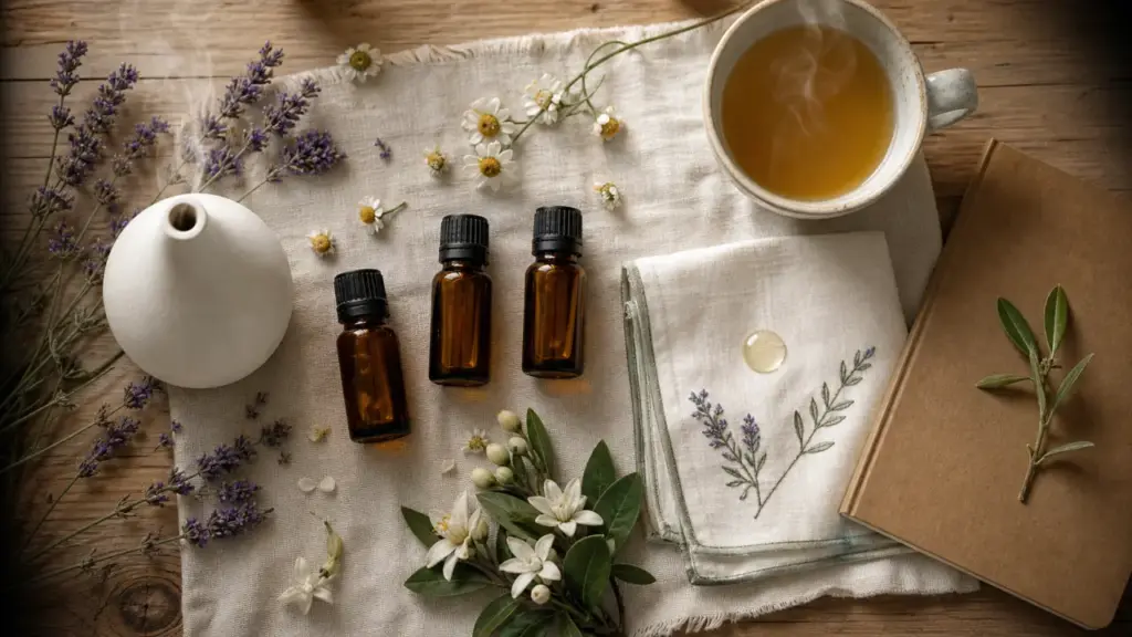 Quelle huile essentielle pour le stress et l'anxiété : lavande vraie, camomille romaine, néroli en flacons ambrés