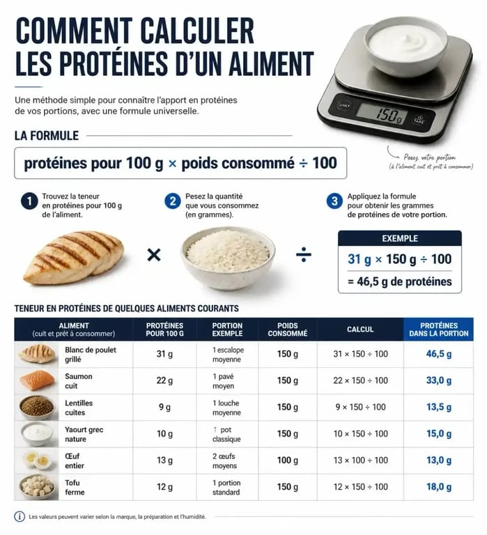 Infographie sur le calcul proteine par aliment selon le poids consommé et la teneur pour 100 g