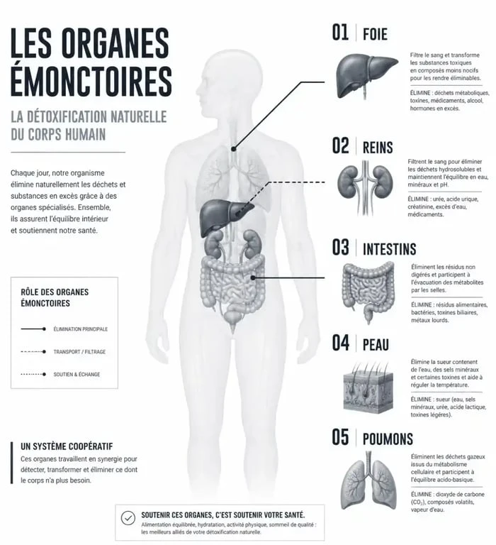 Schéma des organes émonctoires impliqués pour détoxifier son corps naturellement