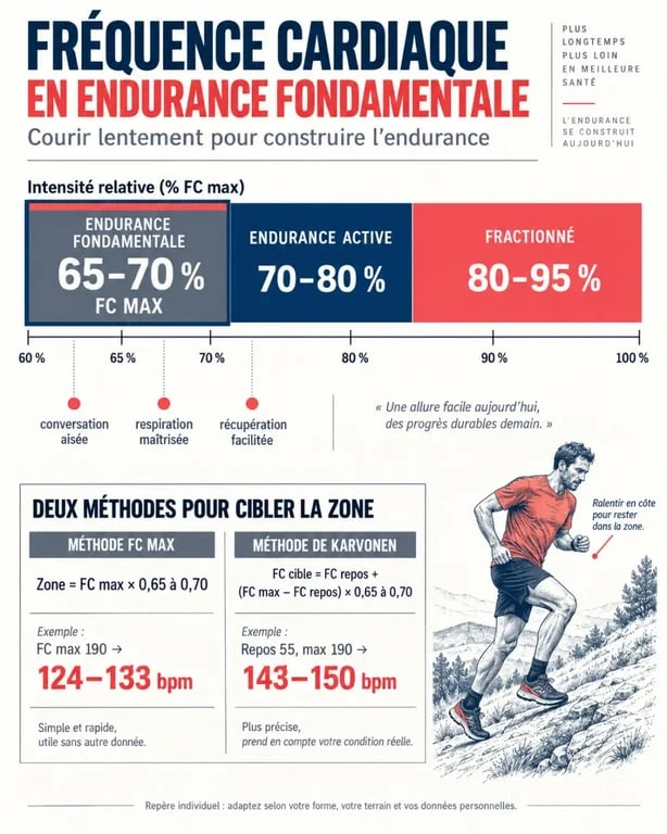 Infographie sur la fréquence cardiaque en endurance fondamentale et les zones d'intensité en course à pied