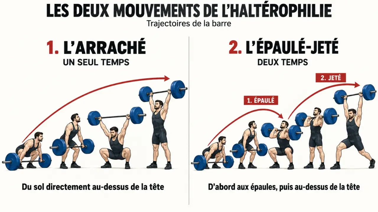 Schéma des deux mouvements de l’haltérophilie : arraché et épaulé-jeté