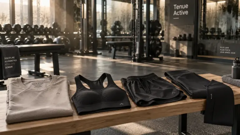 Vetement pour salle de sport : tenue technique respirante, t-shirt, brassière, short, legging