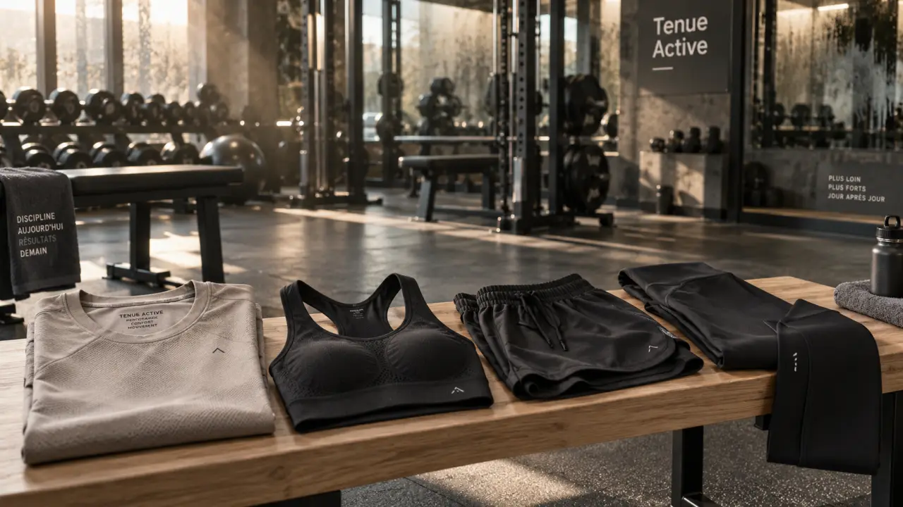Vetement pour salle de sport : tenue technique respirante, t-shirt, brassière, short, legging