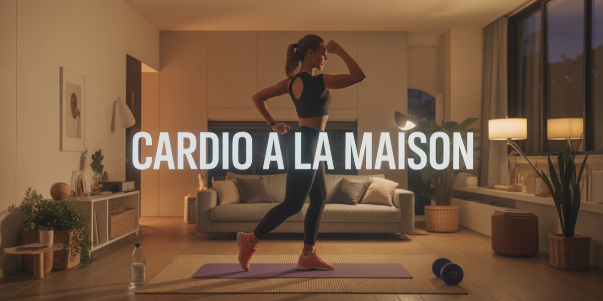 Exercice cardio à la maison dans un salon moderne, titre grand format