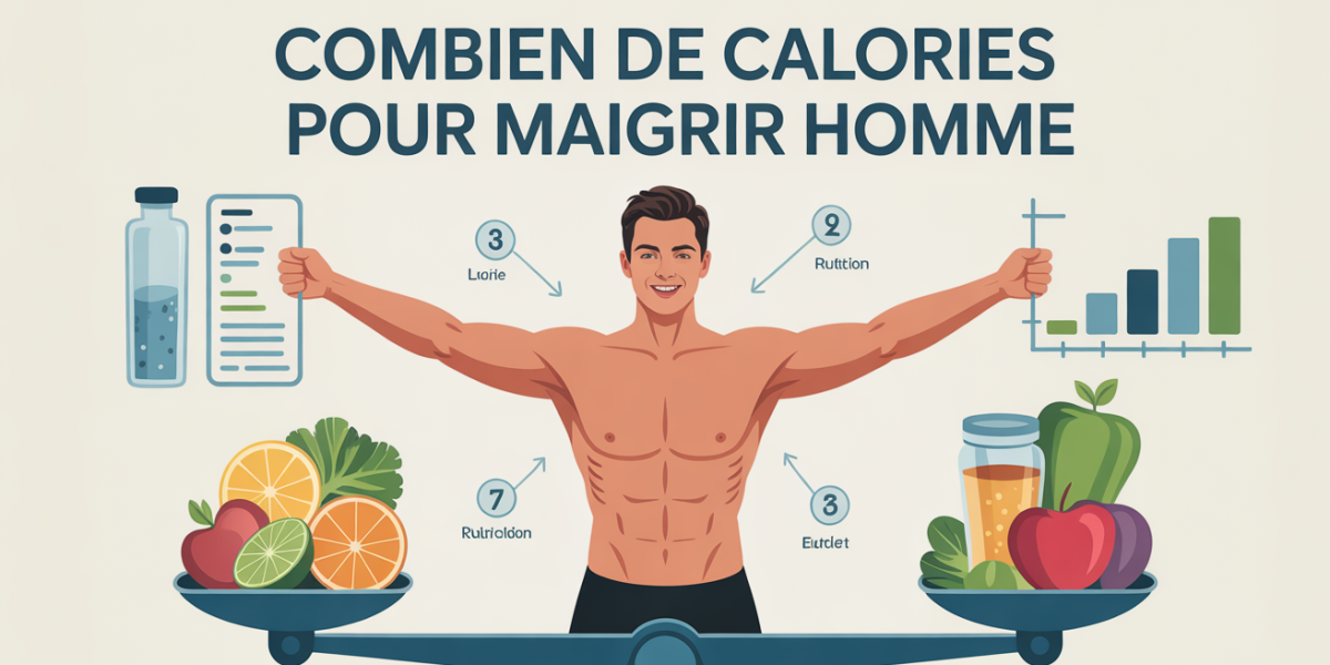Vue d'un homme debout sur balance avec chiffres calories et nutrition