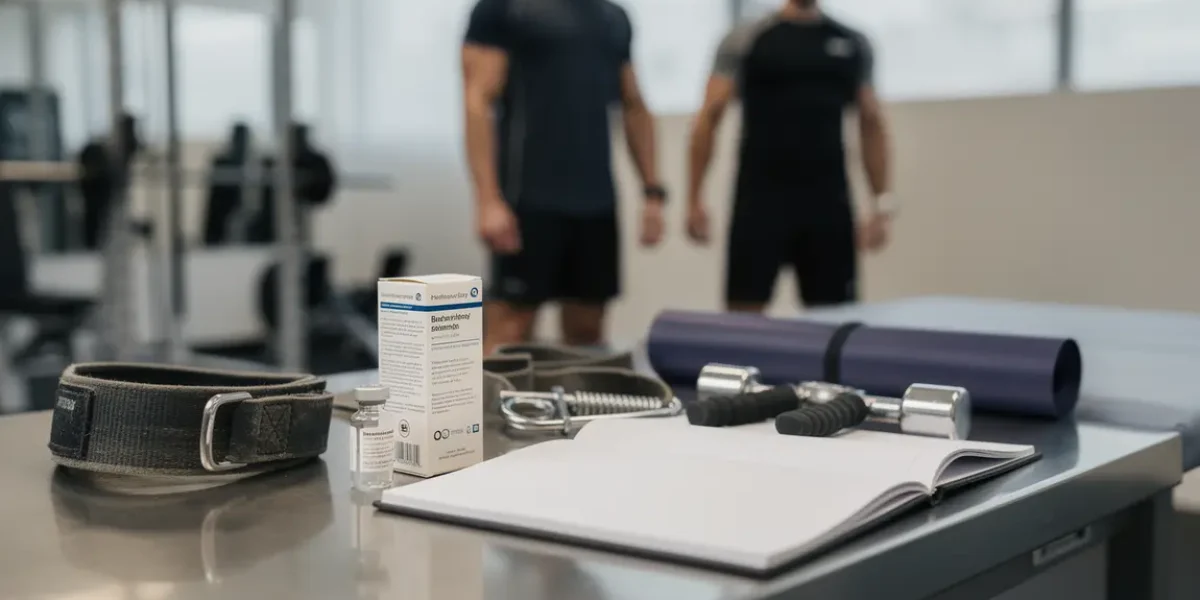 Boite Deca Durabolin sur table, musculation, carnet, ambiance sérieuse