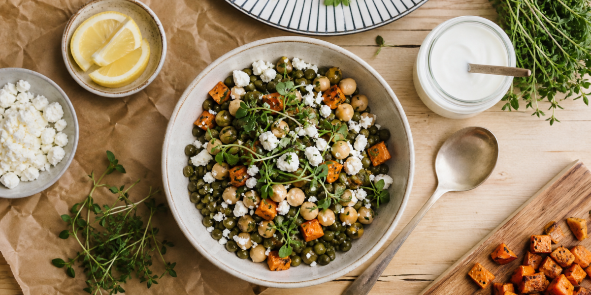 Nourriture healthy : bol équilibré lentilles et pois chiches