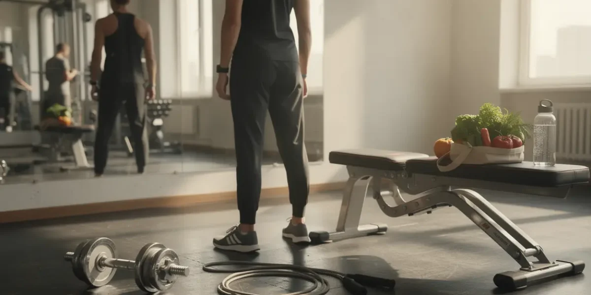 personnage sport nutrition abdos devant miroir