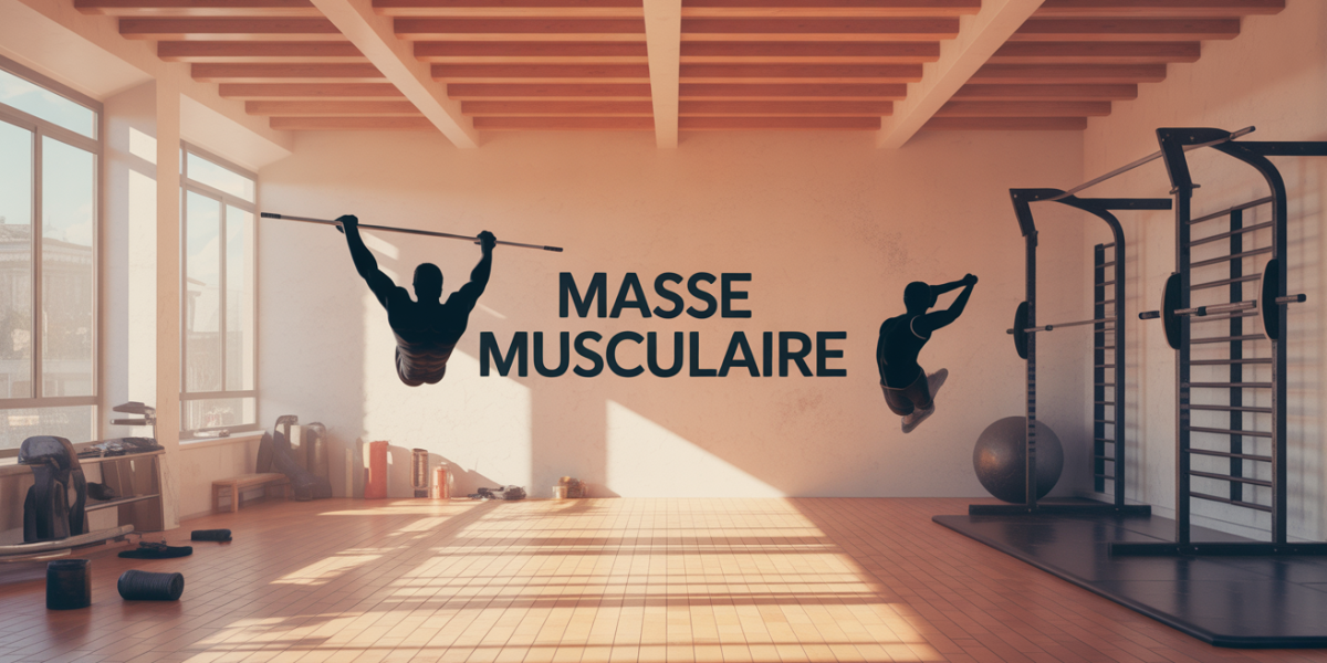 visuel prise de masse musculaire en salle avec haltères et silhouettes