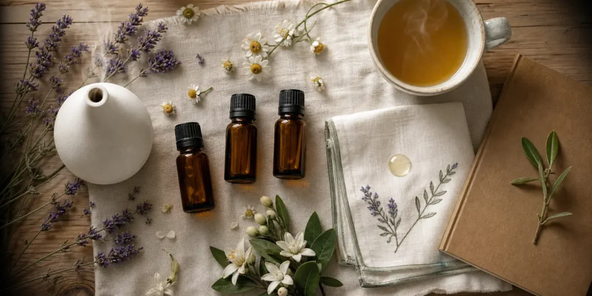 Quelle huile essentielle pour le stress et l'anxiété : lavande vraie, camomille romaine, néroli en flacons ambrés