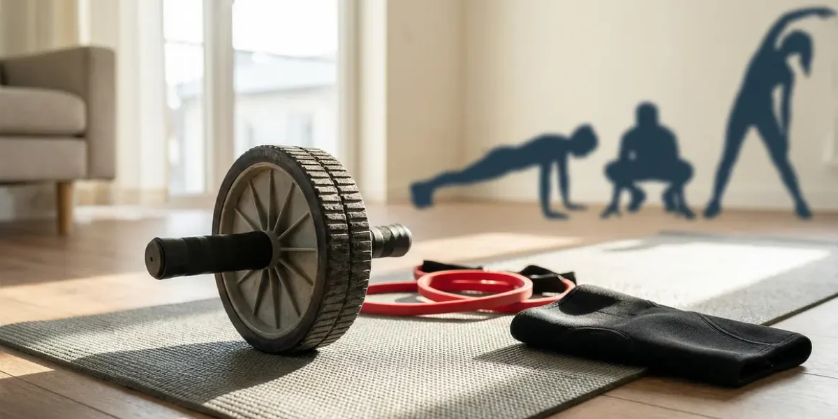 Roue abdominale sur tapis de sport avec accessoires en home gym