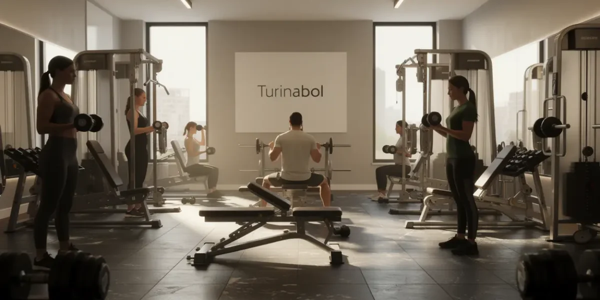 Salle de musculation avec haltères et affiche Turinabol