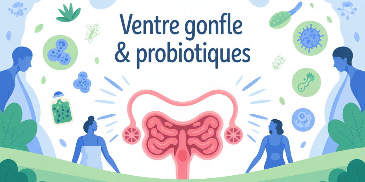 illustration ventre gonfle probiotiques fond bleu blanc vert