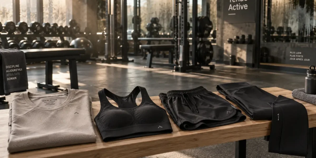 Vetement pour salle de sport : tenue technique respirante, t-shirt, brassière, short, legging